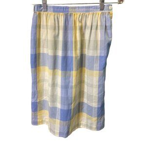 Vintage Yellow Blue Lightweight Stretch Waist Midi Skirt